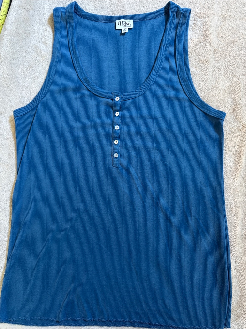 Pulse Blue Ribbed Henley Tank Top with Button Placket